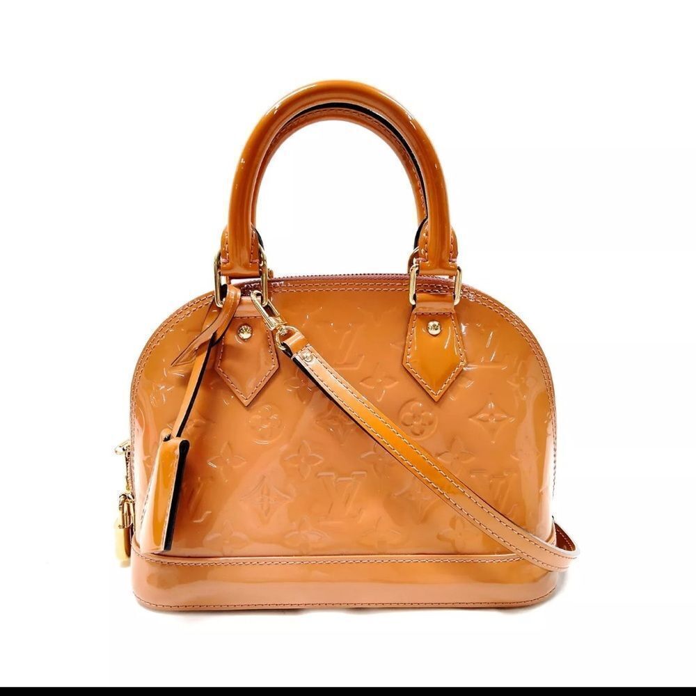 Auth Louis Vuitton Camel Brown Vernis Patent Leather 2way LV Alma BB Satchel